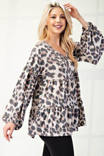 Celeste Full Size Leopard V-Neck Balloon Sleeve Blouse - Selvanelle