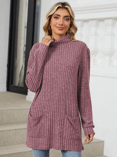 Ribbed Mock Neck Long Sleeve T-Shirt for Women Stylish Wear - Selvanelle