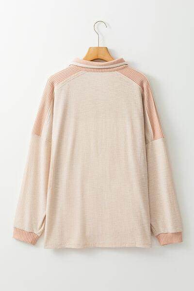 Waffle-Knit Color Block Half Button Long Sleeve Top for Women - Selvanelle