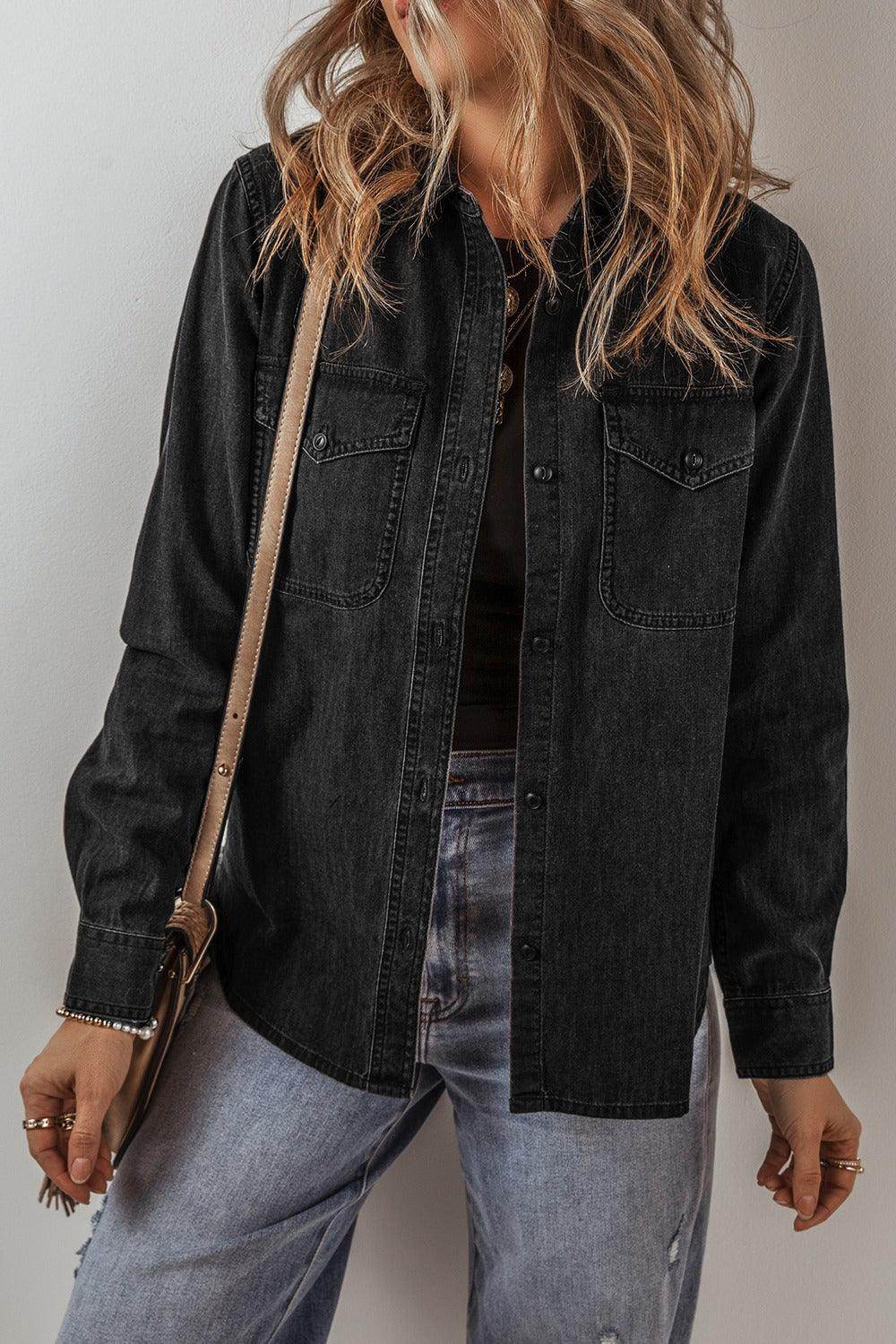 Button Up Long Sleeve Denim Jacket for Women Stylish Fit - Selvanelle