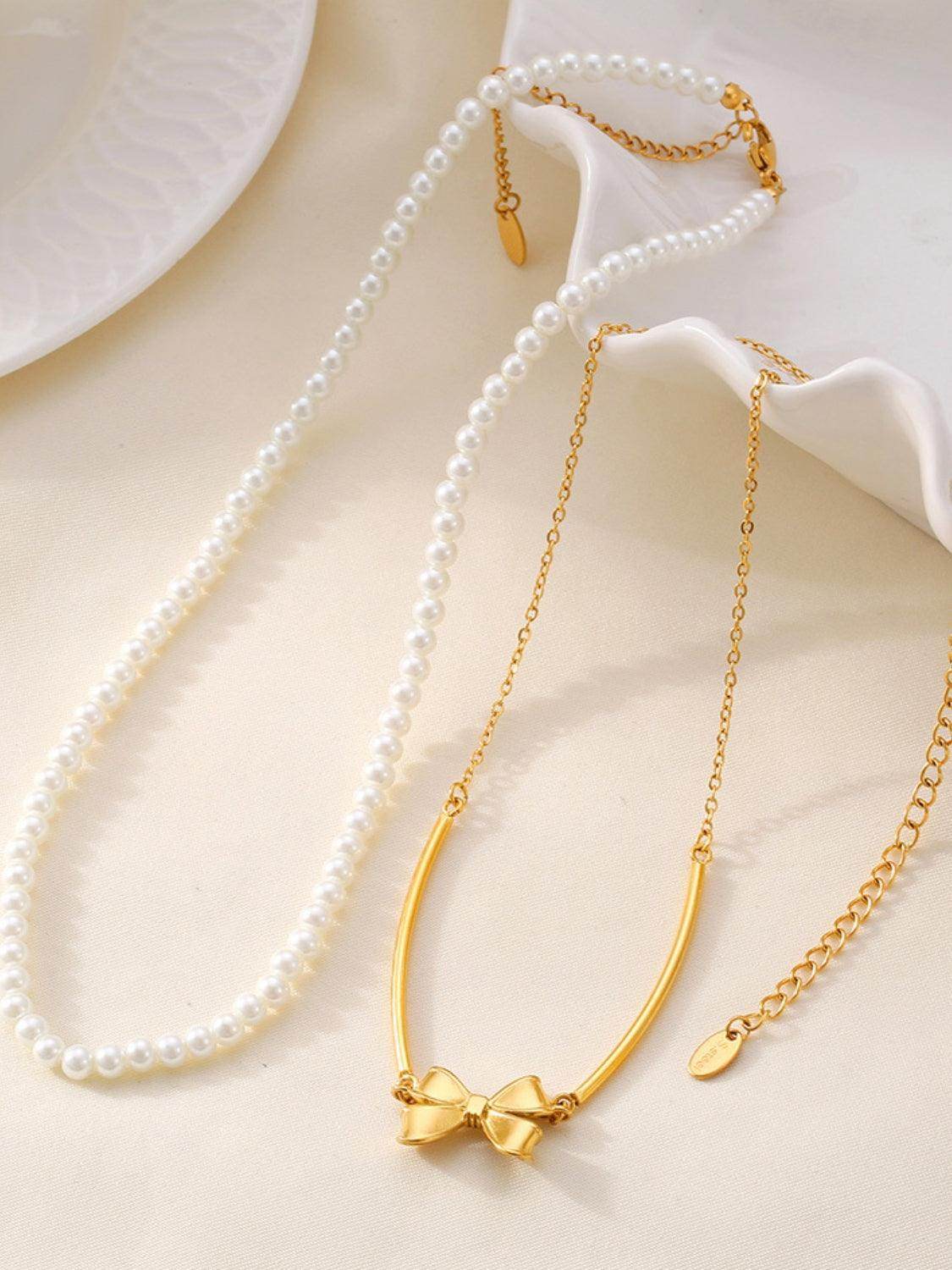 3 Piece Pearl Necklace Bow Necklace and Stud Earrings Set - Selvanelle