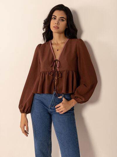 Peplum Tied V-Neck Long Sleeve Blouse for Women - Selvanelle