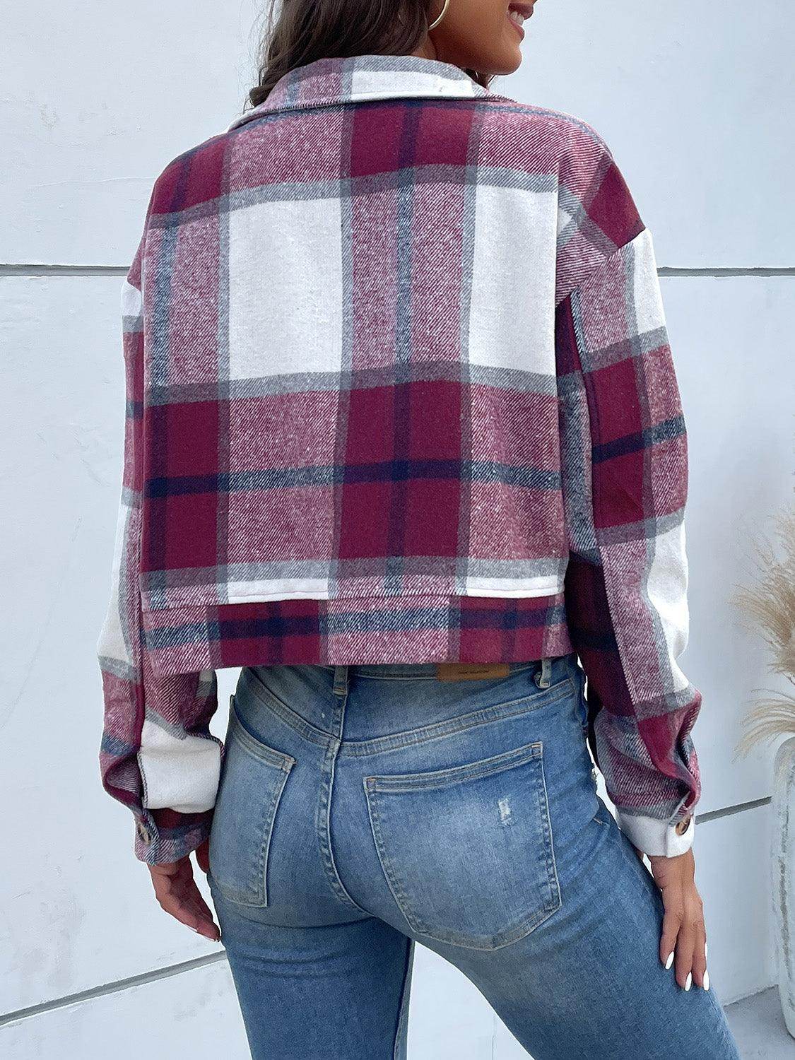 Perfee Plaid Button Up Drop Shoulder Cropped Jacket for Women - Selvanelle