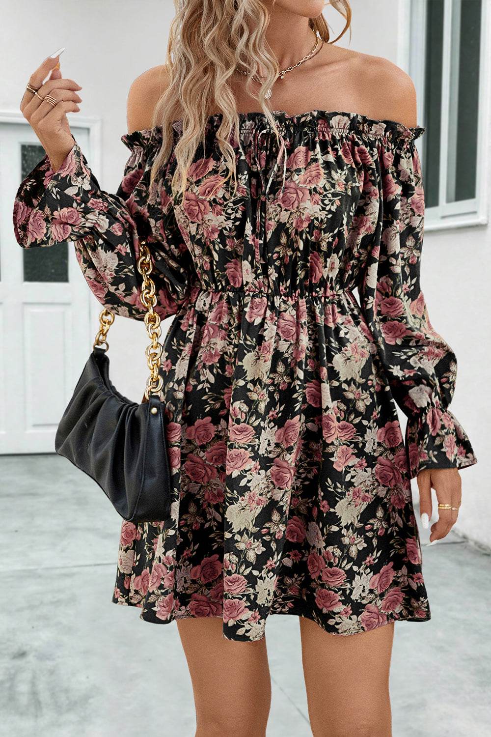 Floral Off-Shoulder Flounce Sleeve Dress - Selvanelle