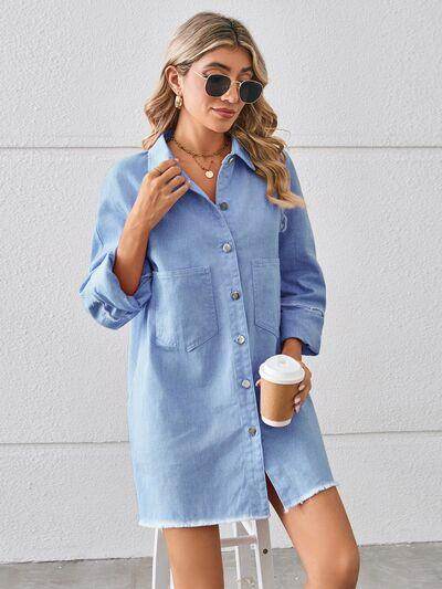 Raw Hem Button Up Denim Dress for Effortless Style - Selvanelle