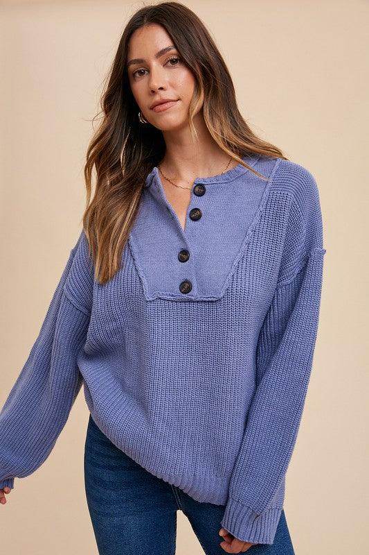 Annie Wear Half Button Ribbed Hem Sweater for Women - Selvanelle