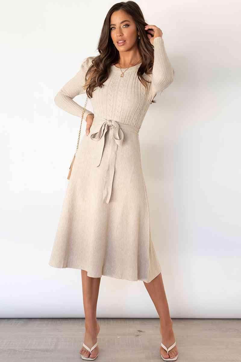 Round Neck Long Sleeve Tie Waist Sweater Dress for Women - Selvanelle