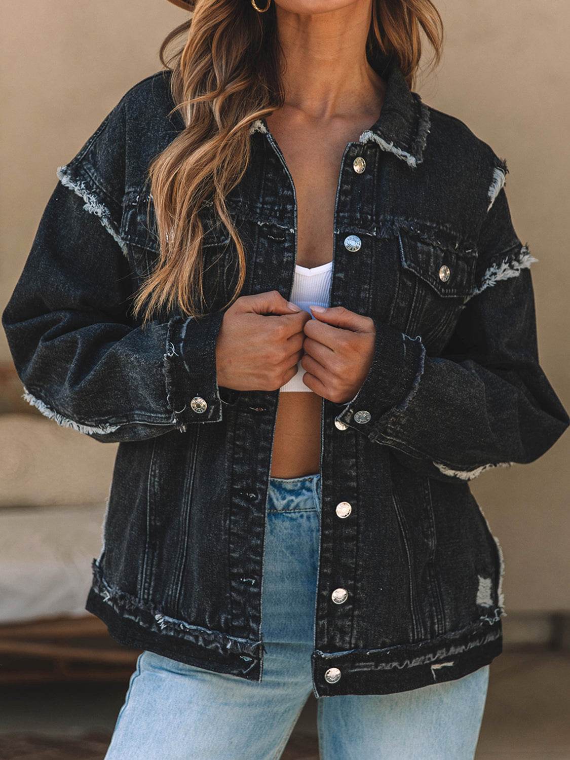 Button Up Raw Hem Distressed Denim Jacket - Selvanelle