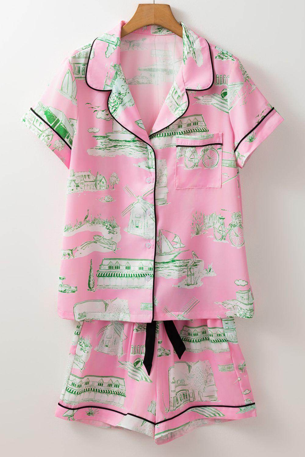 Collared Neck Printed Top and Drawstring Shorts Lounge Set - Selvanelle