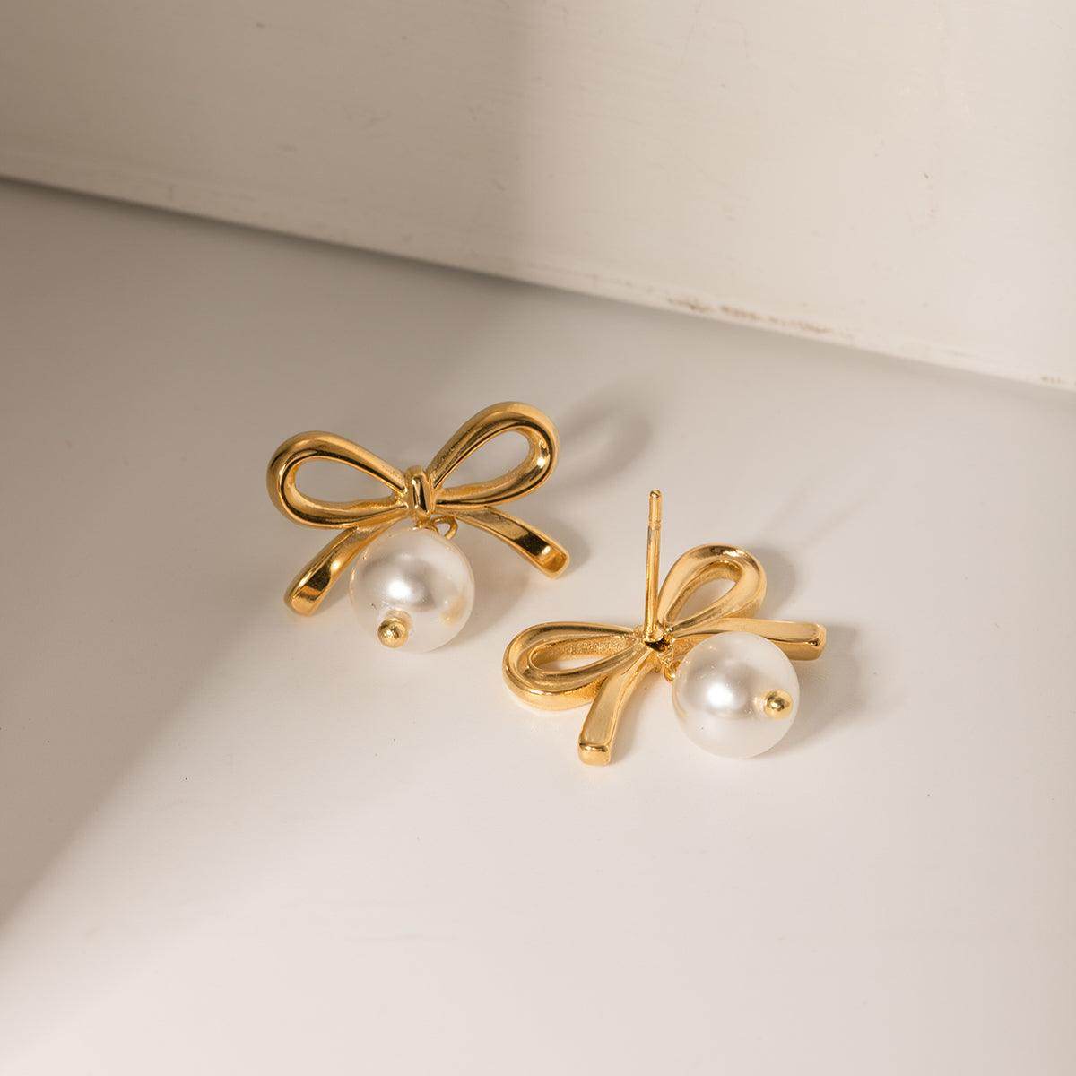 Stainless Steel Bow Pearl Earrings for Elegant Style - Selvanelle