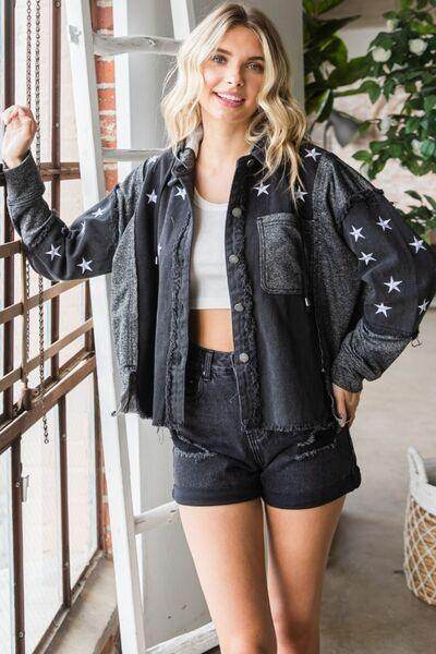 Veveret Star Embroidered Hooded Denim Jacket for Women - Selvanelle