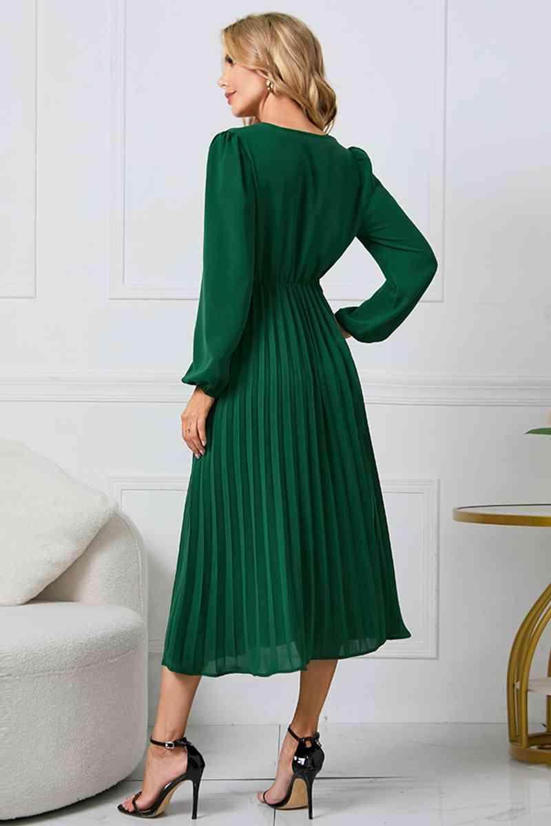 V-Neck Long Sleeve Tie Waist Midi Dress for Women - Selvanelle