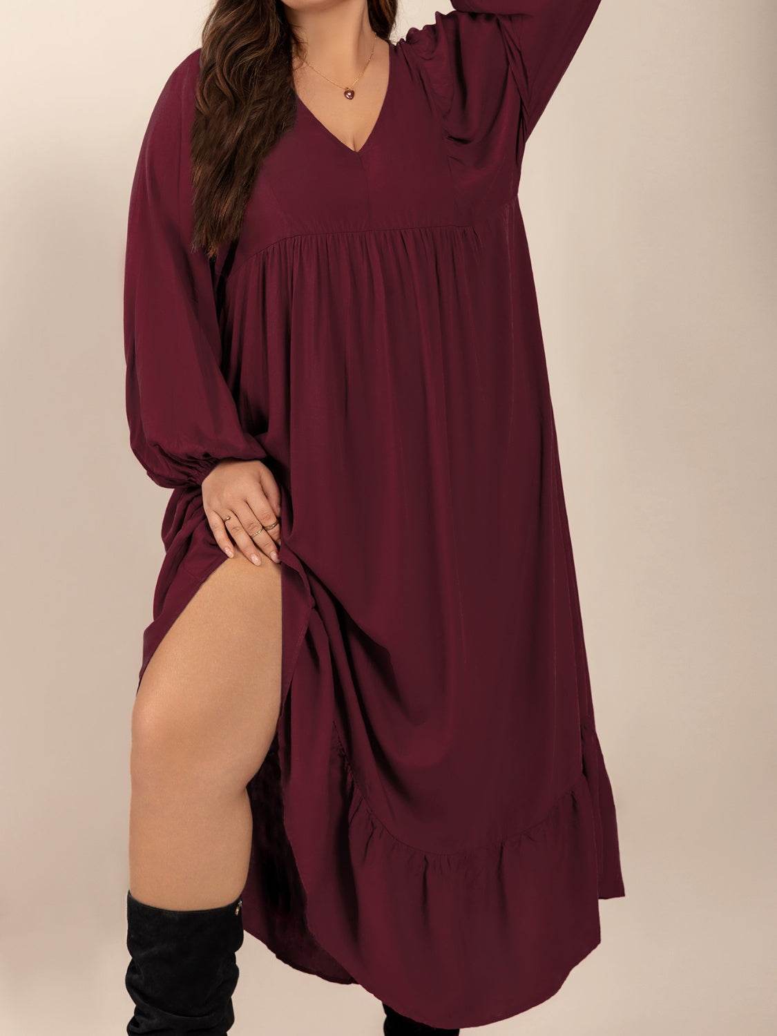 Plus Size Ruffled Hem V-Neck Balloon Sleeve Dress - Selvanelle