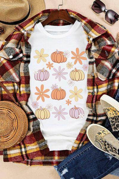 Pumpkin & Flower Round Neck Short Sleeve T-Shirt for Women - Selvanelle