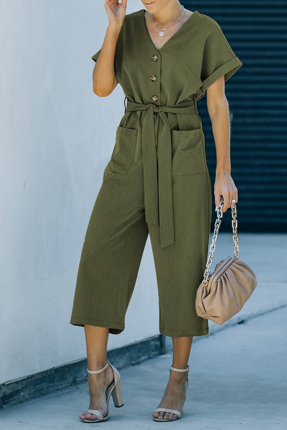 Tie-Waist Buttoned Cropped Jumpsuit - Selvanelle