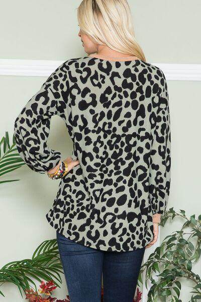 Celeste Full Size Leopard V-Neck Long Sleeve Blouse Fashion - Selvanelle