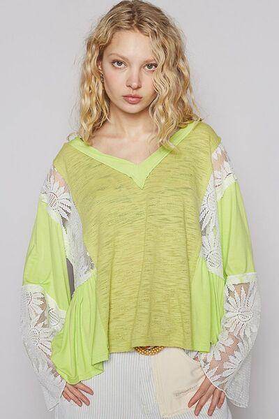 POL Lace Detail V-Neck Flare Sleeve Blouse for Women - Selvanelle