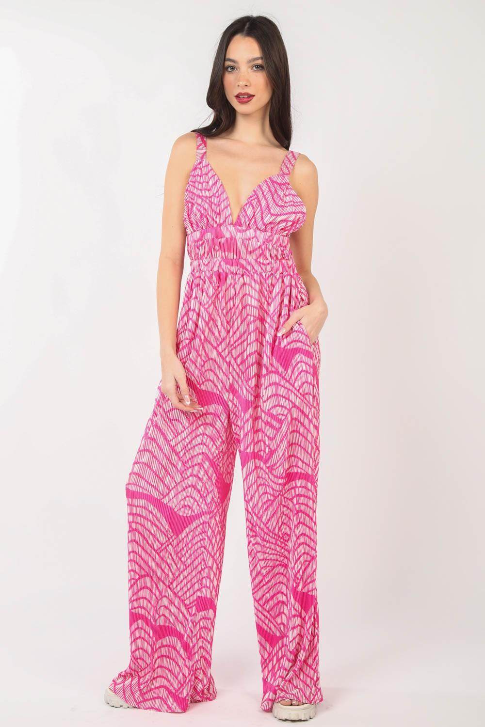Very J Printed Pleated Sleeveless Wide Leg Jumpsuit - Selvanelle