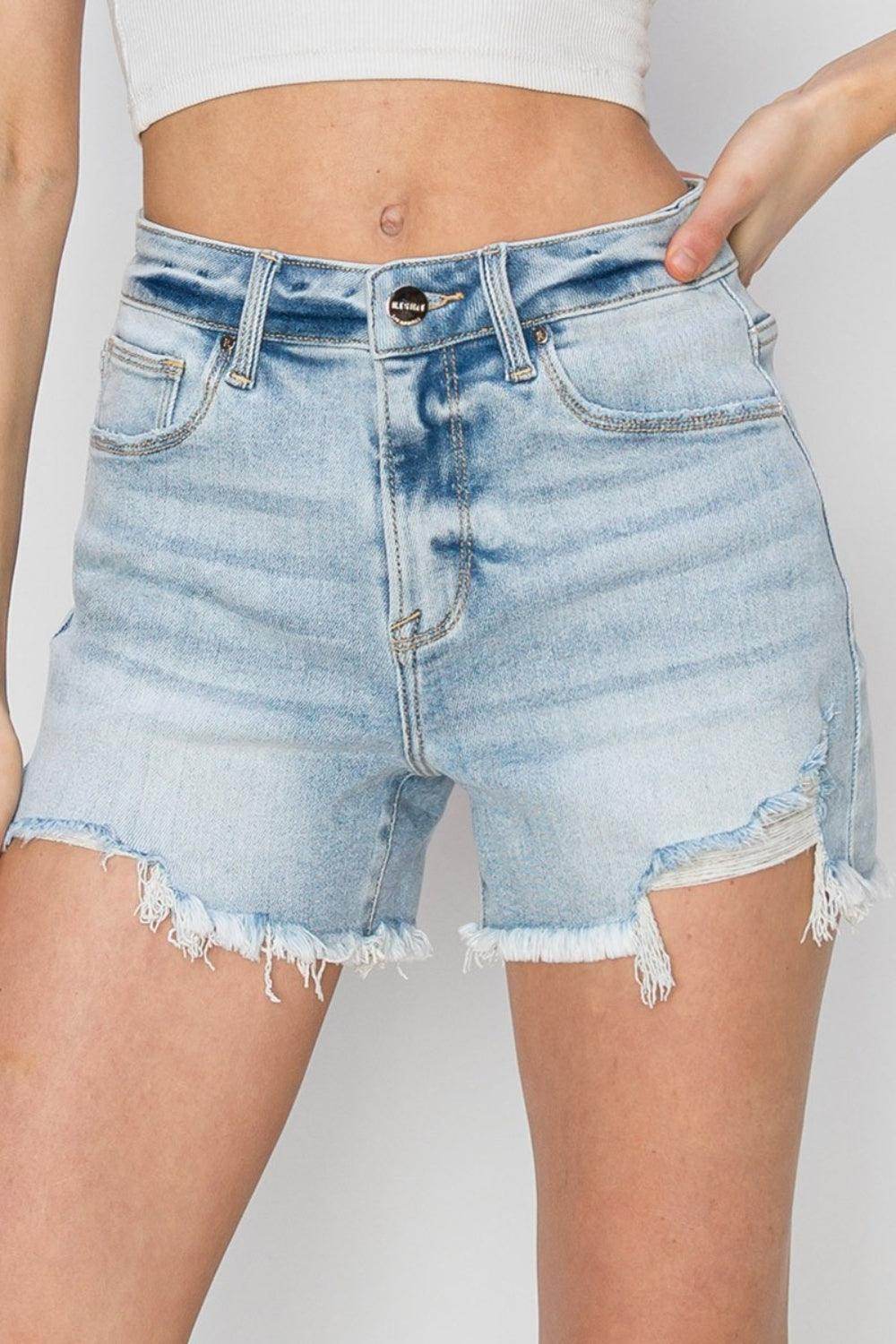 RISEN Full Size High Waist Frayed Detail Denim Shorts - Selvanelle