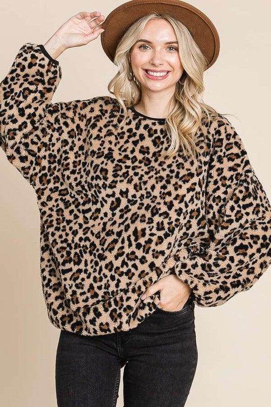 Culture Code Leopard Faux Fur Round Neck Top for Women - Selvanelle
