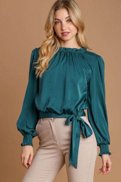 Umgee Frill Tied Hem Long Sleeve Blouse for Women - Selvanelle