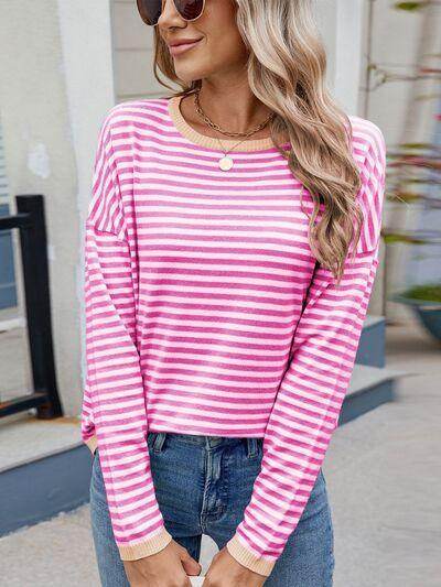 Striped Contrast Round Neck Long Sleeve Sweater for Women - Selvanelle