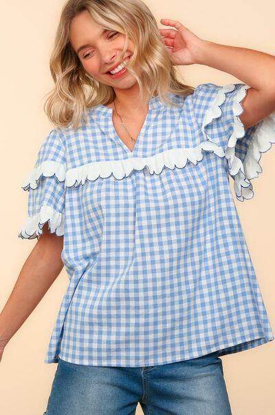Haptics Full Size Plaid Scallop Hem Notched Blouse - Selvanelle