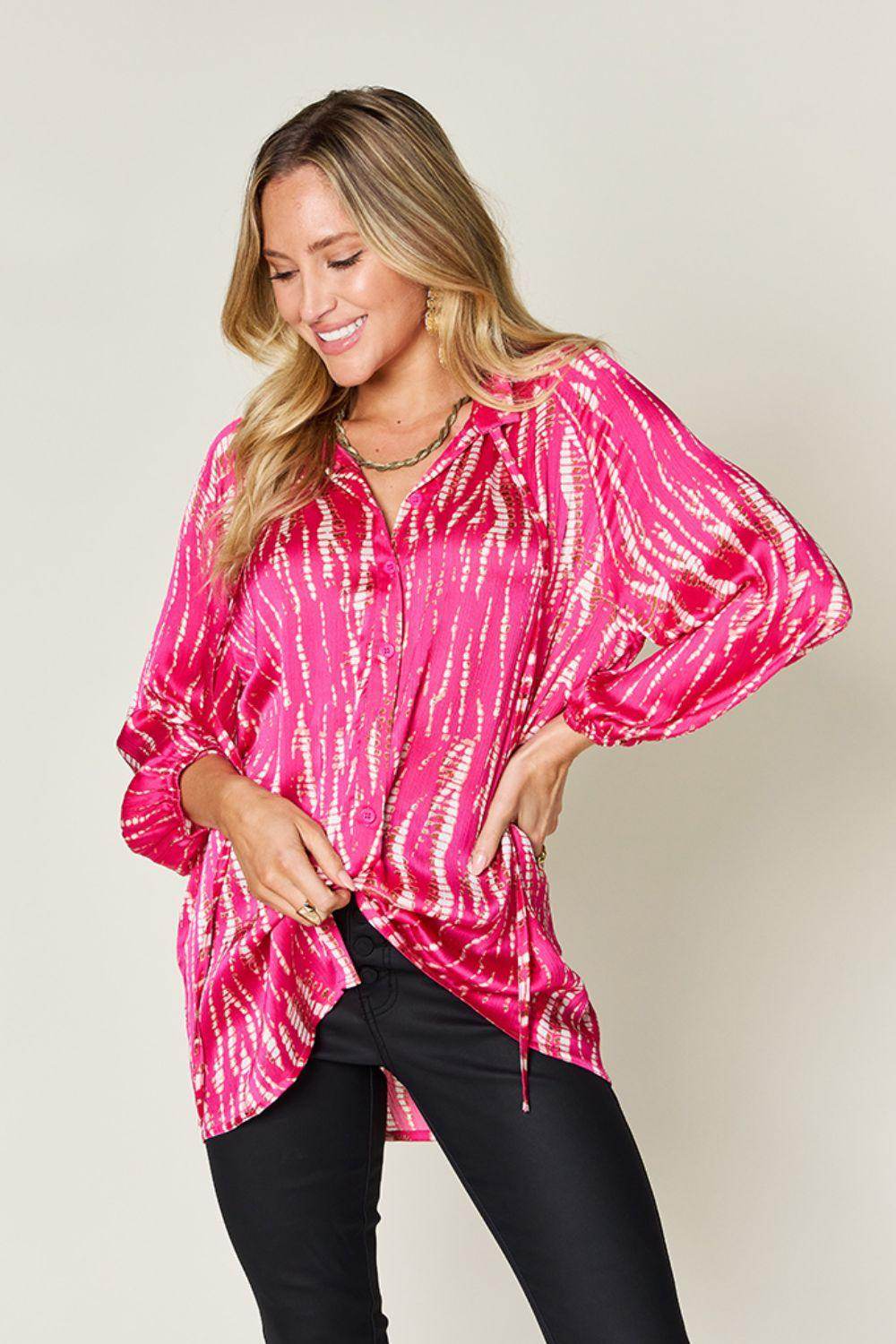 Double Take Full Size Printed Button Up Long Sleeve Shirt - Selvanelle