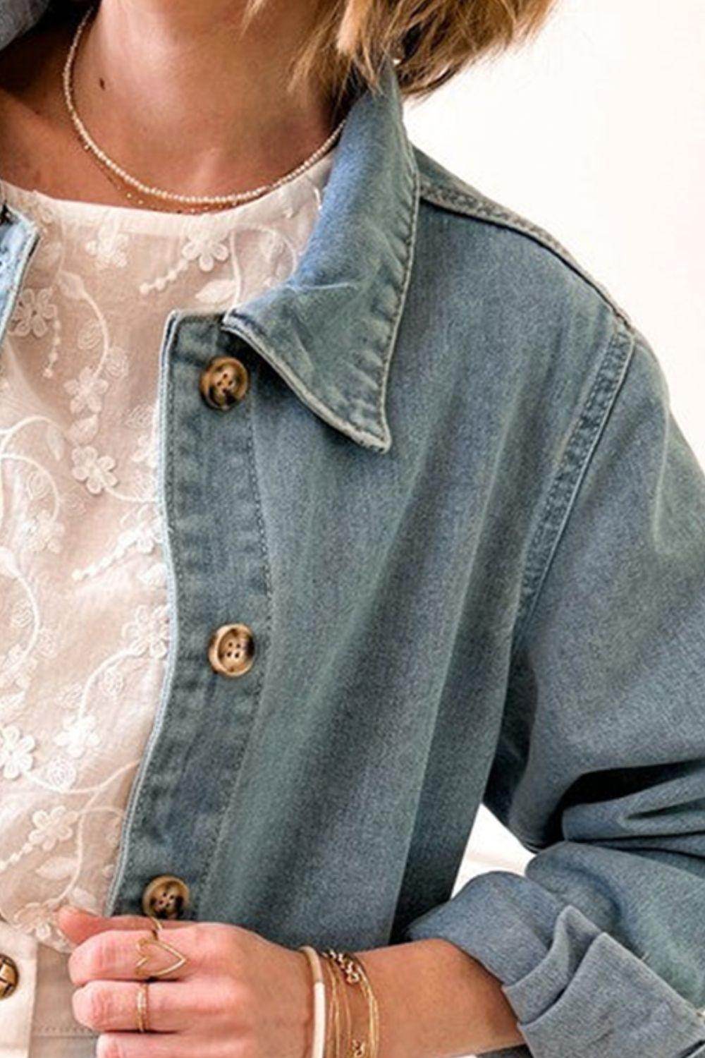 Pocketed Button Up Long Sleeve Denim Jacket for Women - Selvanelle