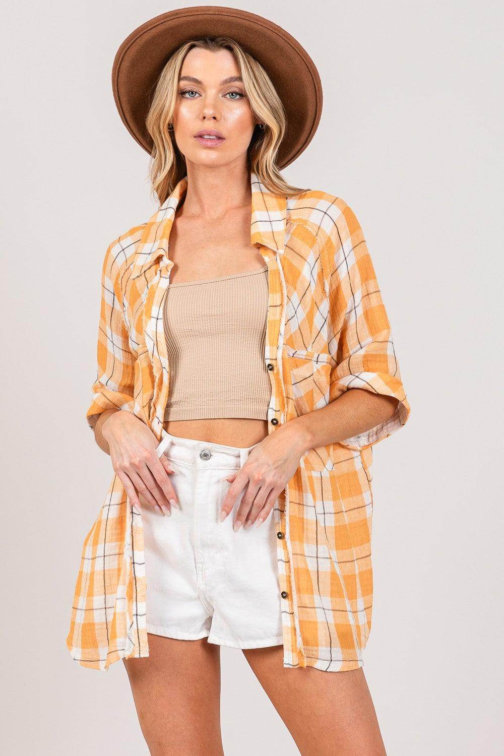 SAGE + FIG Plaid Button Up Side Slit Shirt for Women - Selvanelle