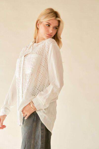 Davi & Dani Crinkled Jacquard Button Down Shirt for Women - Selvanelle