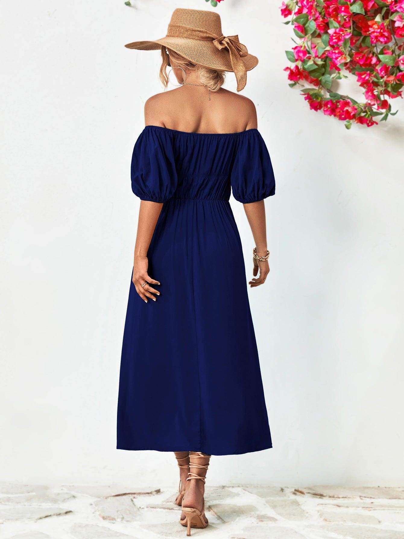 Off-Shoulder Balloon Sleeve Midi Dress for Chic Style - Selvanelle