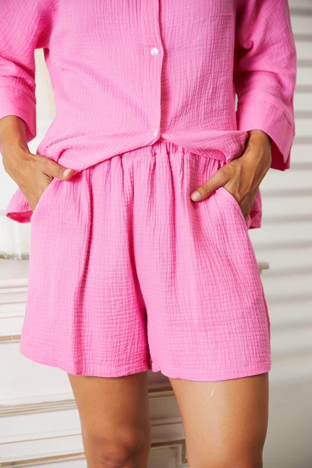 Mandy Textured Shirt and Elastic Waist Shorts Set Outfit - Selvanelle