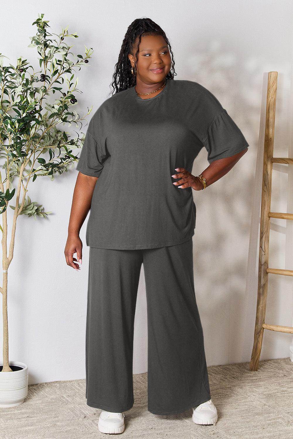 Double Take Full Size Round Neck Slit Top and Pants Set - Selvanelle