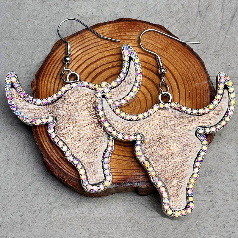 Rhinestone Bull Earrings with Alloy and Cowhide Design - Selvanelle