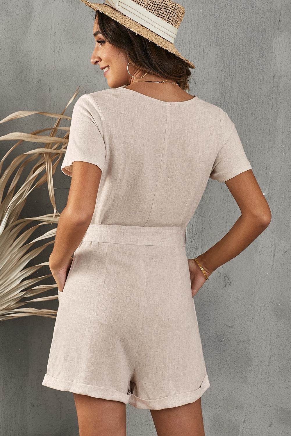 V-Neck Short Sleeve Tie Belt Romper with Pockets - Selvanelle