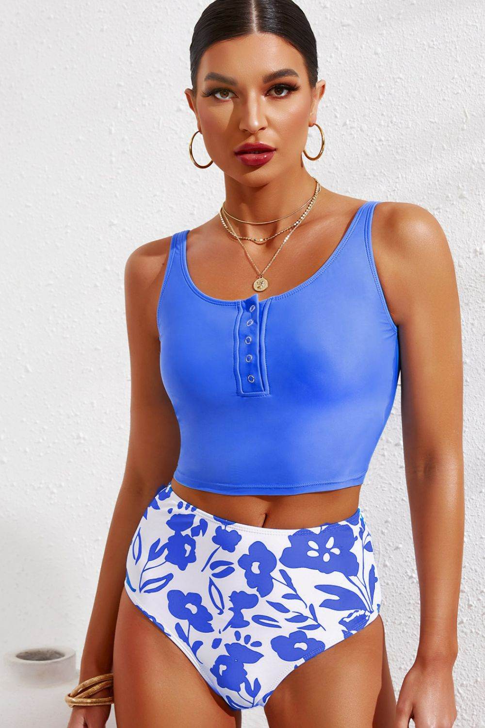 Half Snap Square Neck Tankini Set - Selvanelle