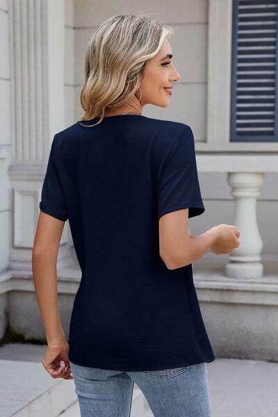 Solid Color Surplice Short Sleeve Blouse for Women - Selvanelle