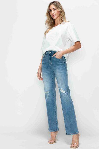 Bytos Full Size Distressed High Rise Straight Jeans For Women - Selvanelle