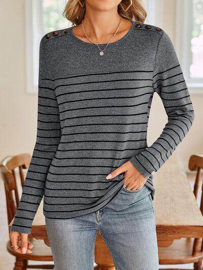 Lovelet Striped Round Neck Long Sleeve T-Shirt for Women - Selvanelle