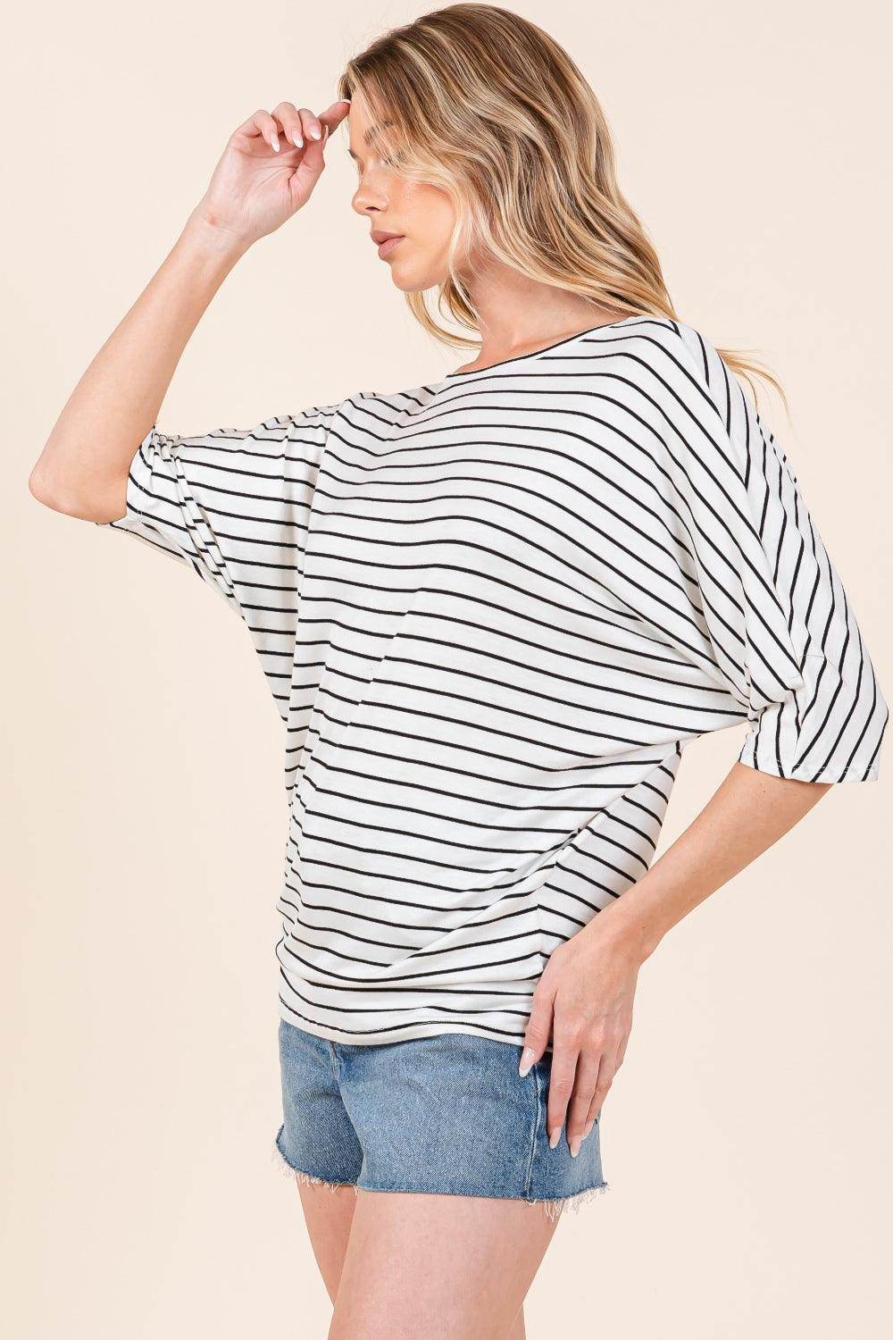 BOMBOM Striped Boat Neck Dolman Sleeve Top for Women - Selvanelle