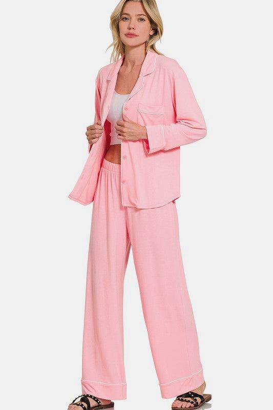 Zenana Button Down Long Sleeve Top and Pants Lounge Set - Selvanelle