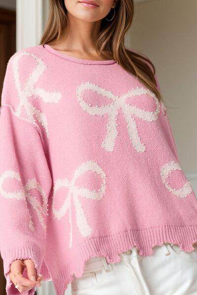 Pearl Detail Bow Round Neck Long Sleeve Sweater for Women - Selvanelle