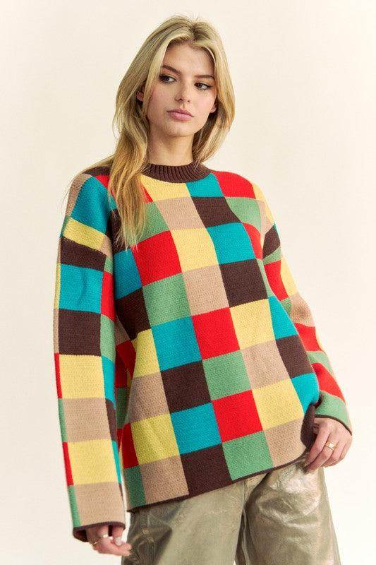 Davi & Dani Color Block Checkered Dropped Shoulder Sweater - Selvanelle