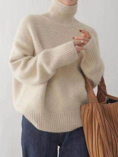 Turtleneck Dropped Shoulder Long Sleeve Sweater for Women - Selvanelle