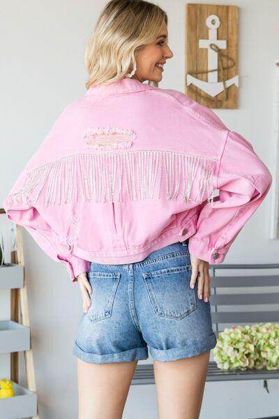 Veveret Fringe Distressed Button Up Denim Jacket for Women - Selvanelle