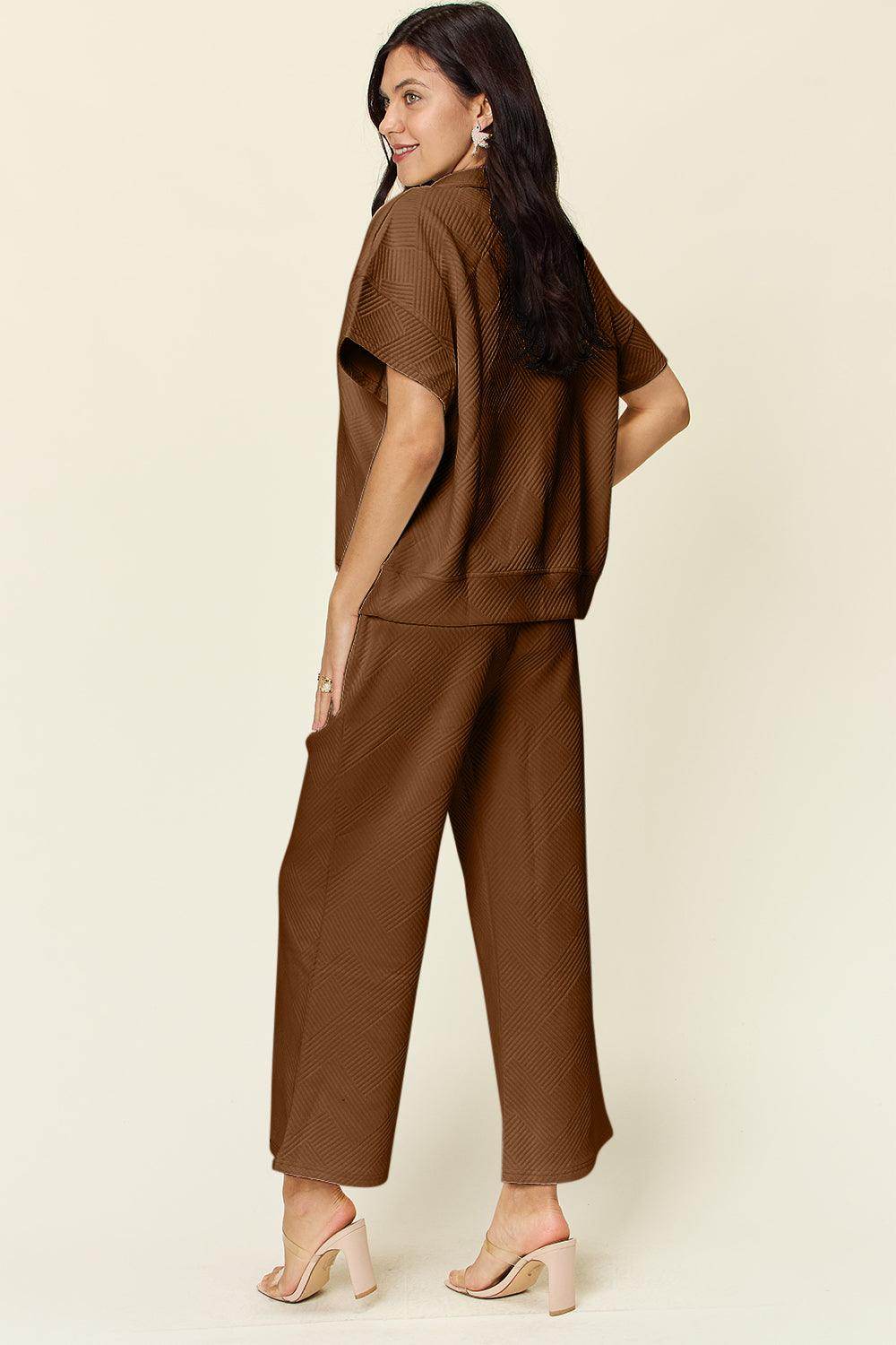 Double Take Full Size Texture Half Zip Short Sleeve Top Set - Selvanelle