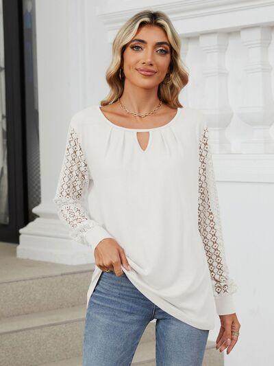 Cutout Round Neck Long Sleeve T-Shirt with Lace Detail - Selvanelle