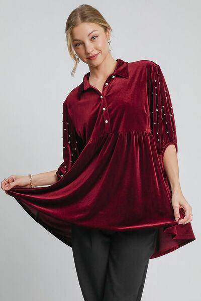 Umgee Pearl Detail Collared Neck Velvet Babydoll Blouse - Selvanelle