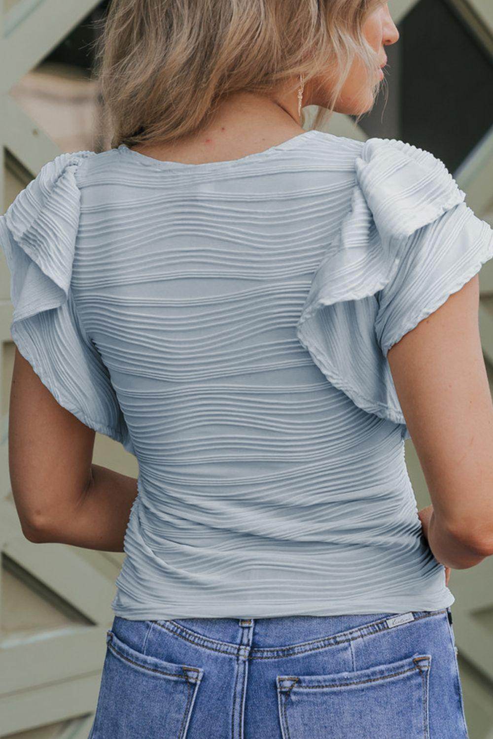Textured Round Neck Cap Sleeve Top for Casual Style - Selvanelle